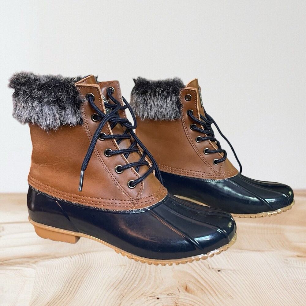 Bass Harlequin Winter Duck Boots Black Sz 9 Womens Leather Rubber Faux Fur Trim